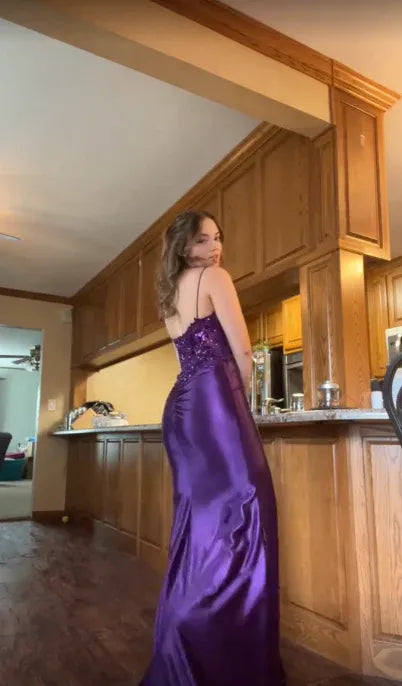 Regal Mermaid Spaghetti Strap Sweetheart Sequin Floral Lace-Up High Slit Floor-Length Evening Gown