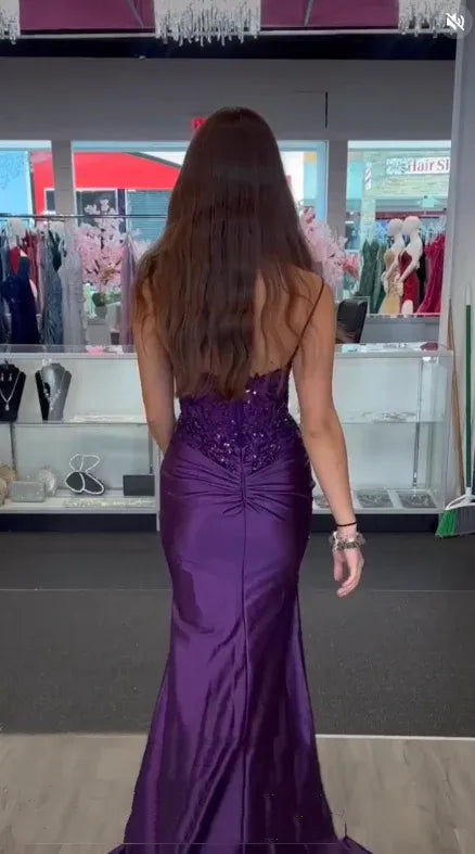 Regal Mermaid Spaghetti Strap Sweetheart Sequin Floral Lace-Up High Slit Floor-Length Evening Gown