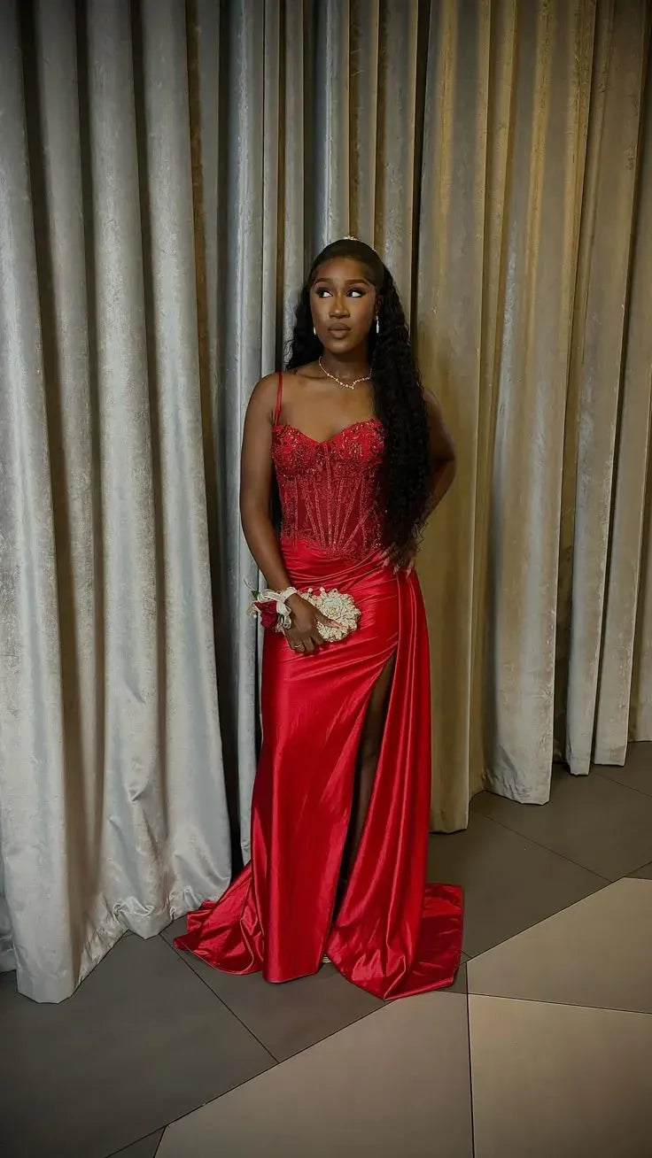 Regal Mermaid Sweetheart Corset Beaded Satin High-Slit Floor-Length Evening Gown