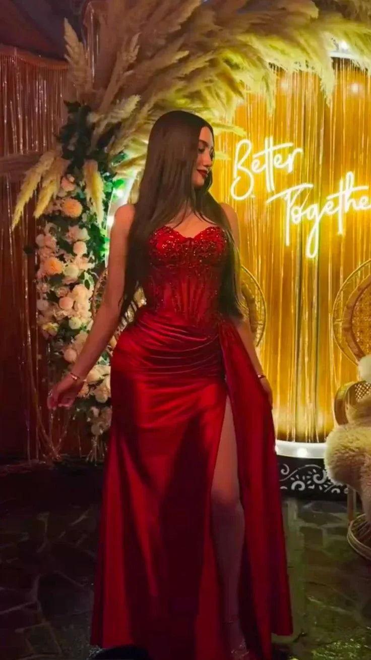 Regal Mermaid Sweetheart Corset Beaded Satin High-Slit Floor-Length Evening Gown
