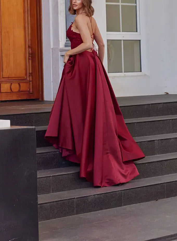 Regal A-Line V Neck Spaghetti-Strap Applique Satin Burgundy Floor-Length Prom Dress