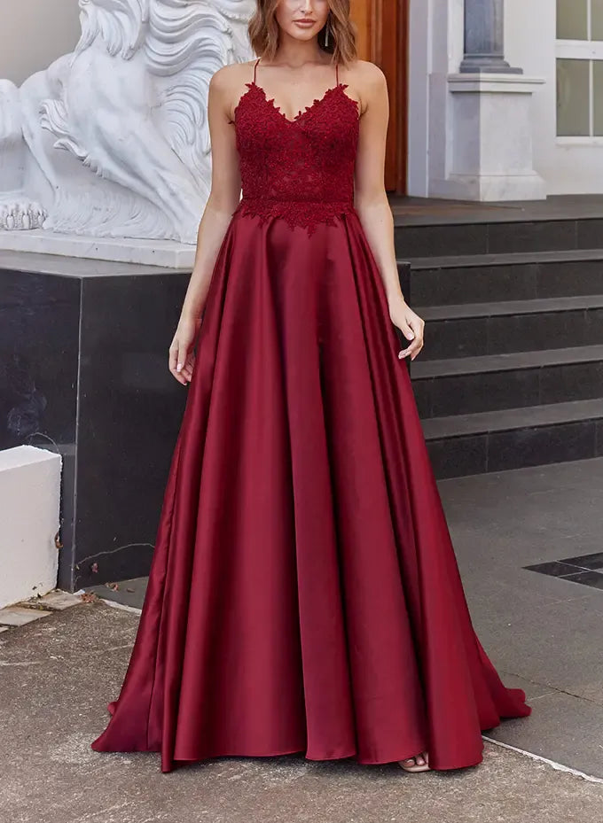 Regal A-Line V Neck Spaghetti-Strap Applique Satin Burgundy Floor-Length Prom Dress
