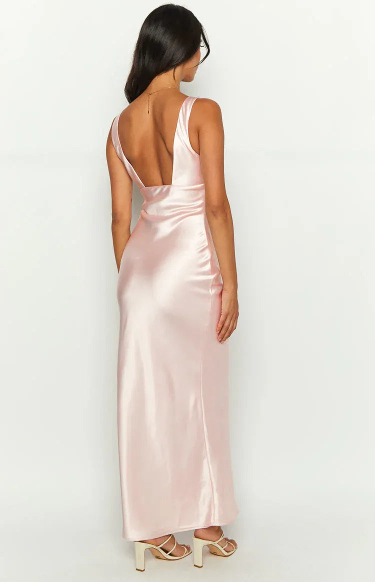 Regular Straps Sleeveless Satin Trendy Ankle-Length Prom Party Dresses Backless Pleats Affordable Satin Evening Dresses No Slit