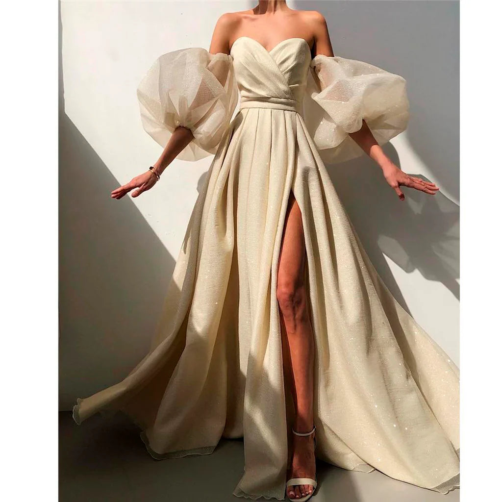 Weitese Formal Women's Dresses Shimmer Light Champagne A Line Long Evening Dress Removable Puff Sleeves Sweetheart Prom Dresses Stores