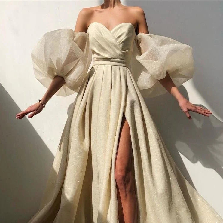 Weitese Formal Women's Dresses Shimmer Light Champagne A Line Long Evening Dress Removable Puff Sleeves Sweetheart Prom Dresses Stores