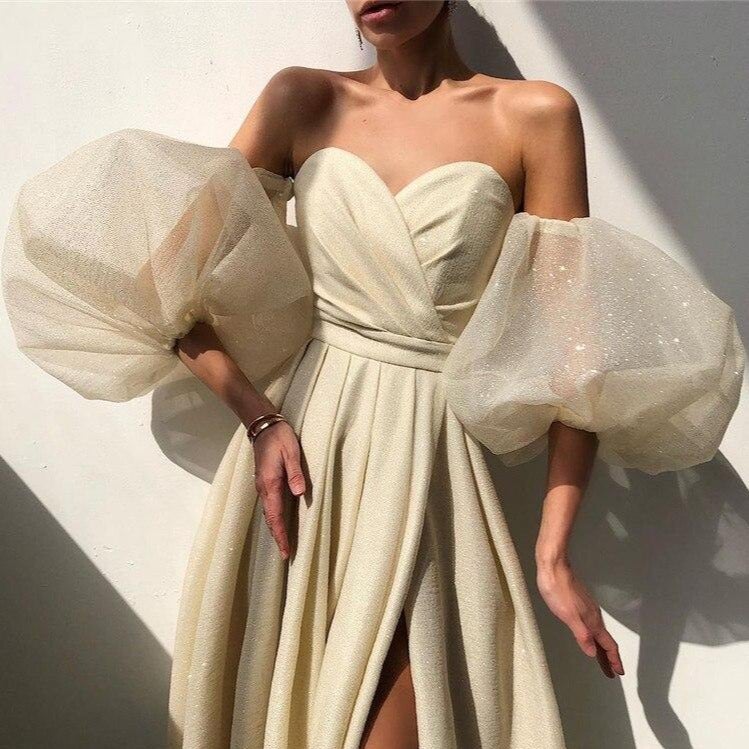 Weitese Formal Women's Dresses Shimmer Light Champagne A Line Long Evening Dress Removable Puff Sleeves Sweetheart Prom Dresses Stores