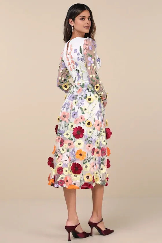 Romantic A-Line Deep V Neck Long Sleeve Tulle Midi Floral Dress