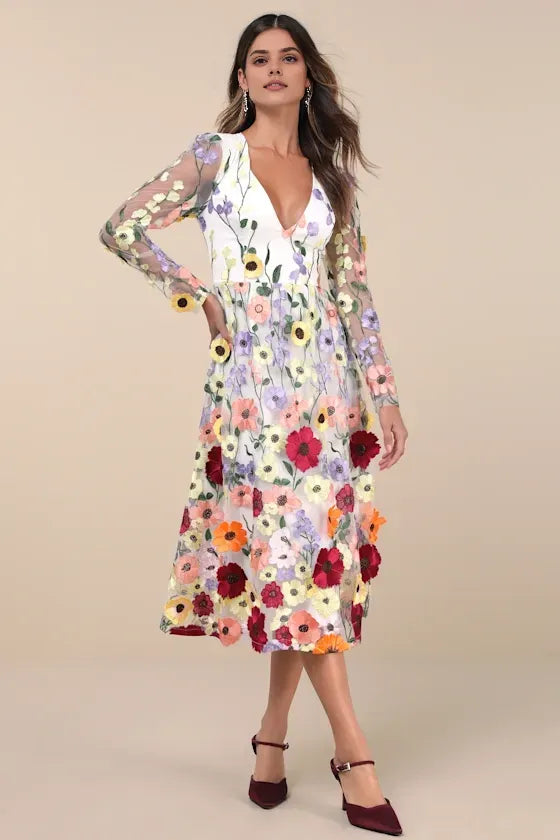 Romantic A-Line Deep V Neck Long Sleeve Tulle Midi Floral Dress