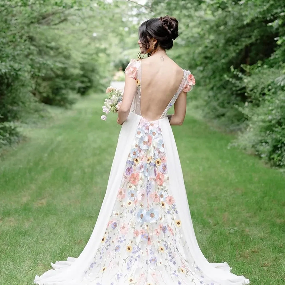 Romantic A-Line Deep V Neck Short Sleeve Tulle Maxi Floral Dress