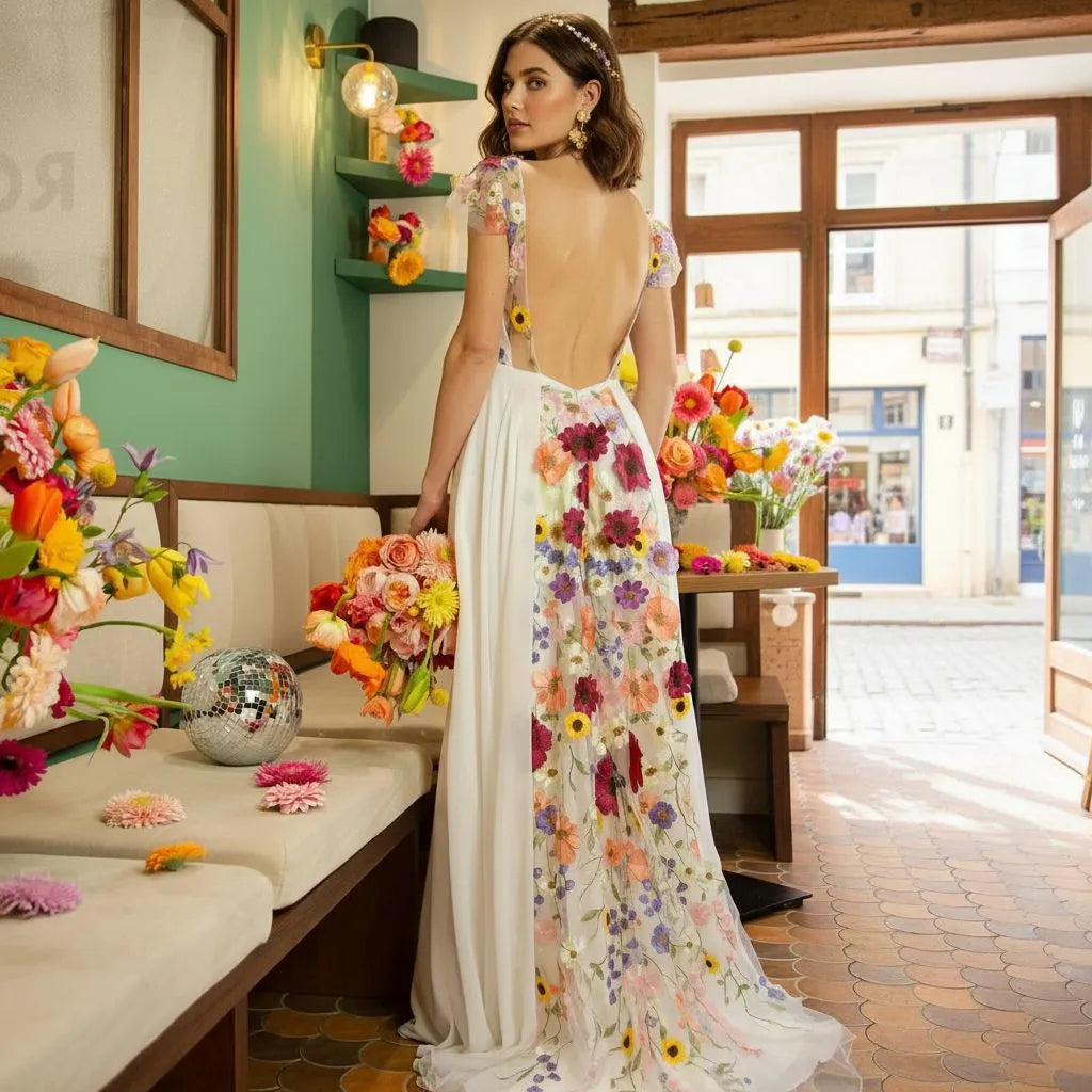 Romantic A-Line Deep V Neck Short Sleeve Tulle Maxi Floral Dress