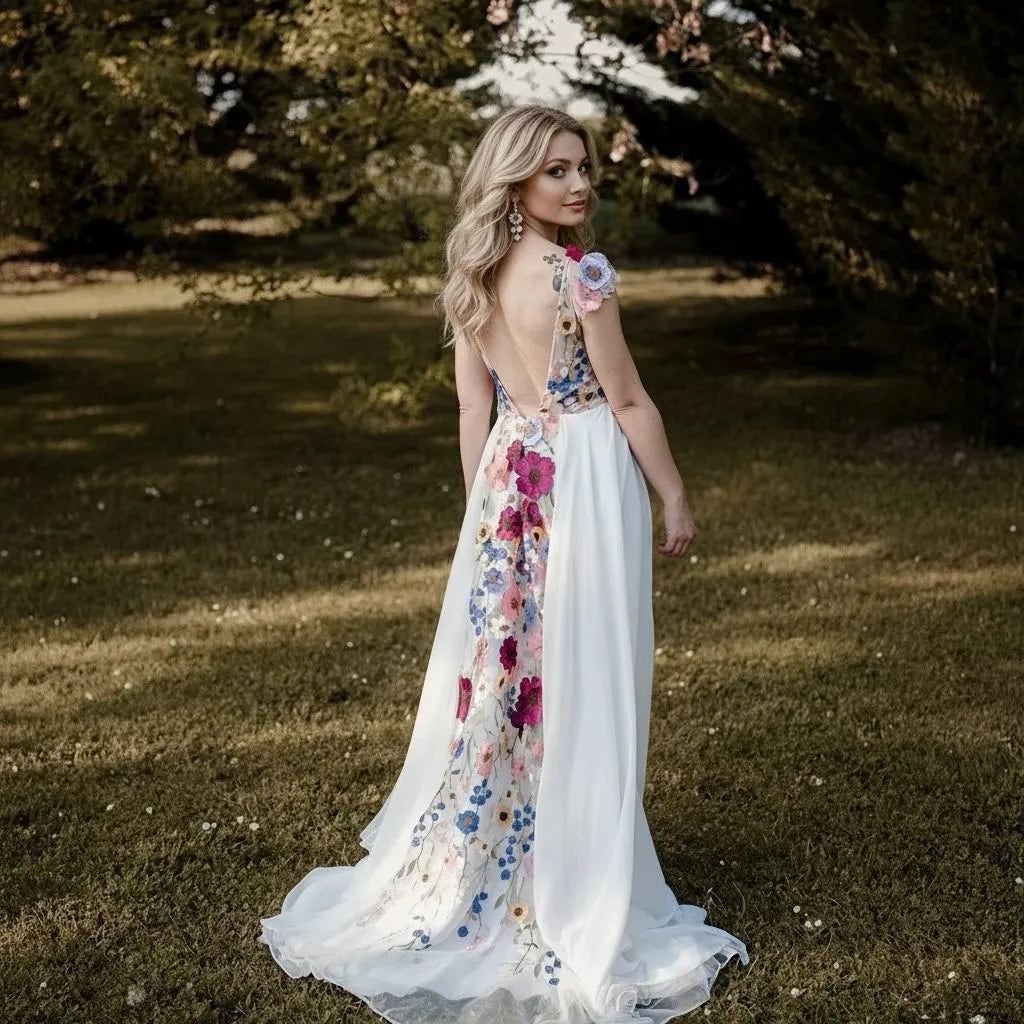 Romantic A-Line Deep V Neck Short Sleeve Tulle Maxi Floral Dress