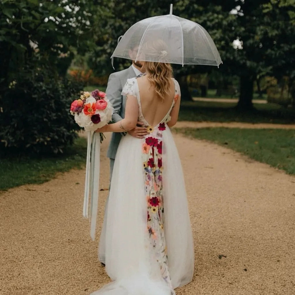 Romantic A-Line Deep V Neck Short Sleeve Tulle Maxi Floral Dress