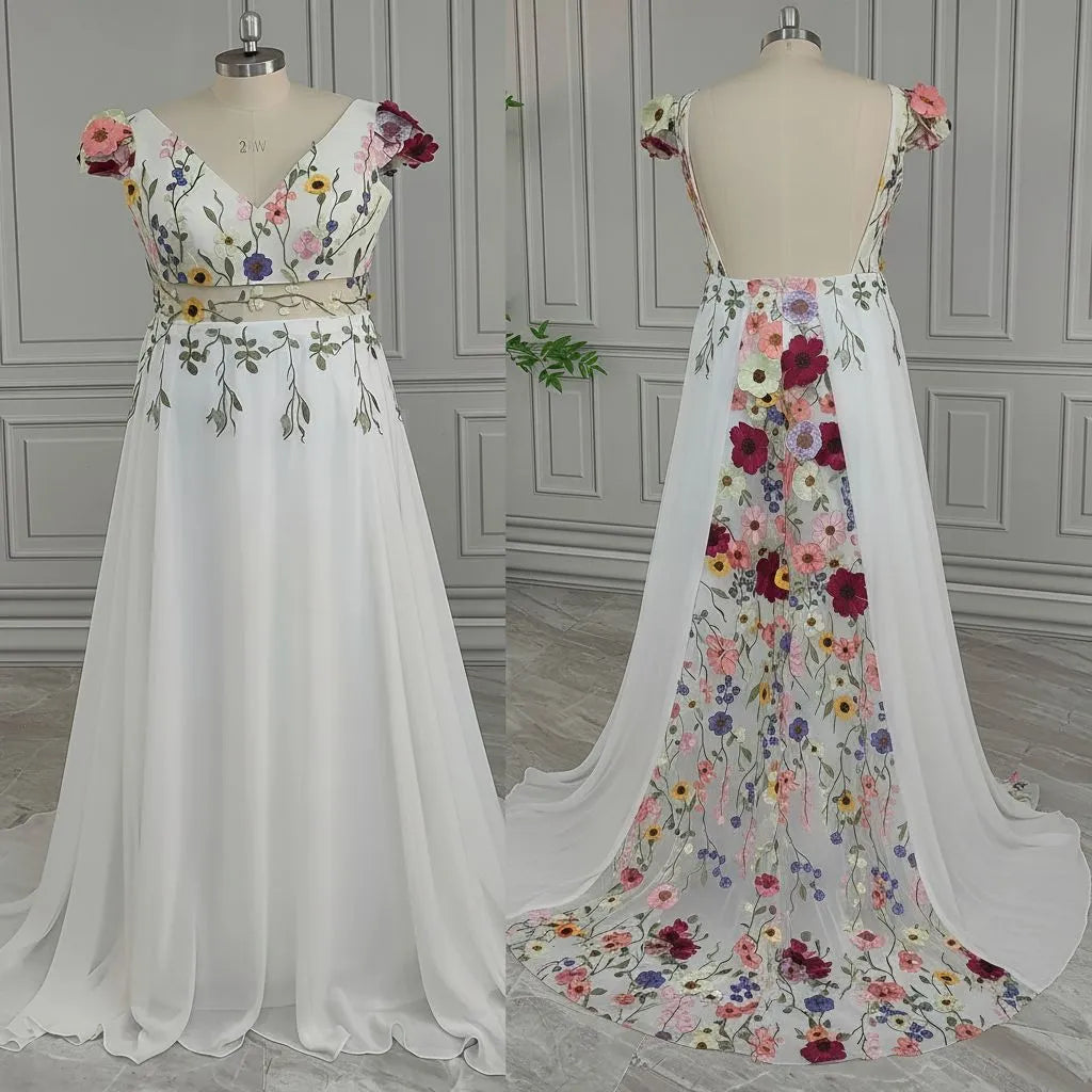 Romantic A-Line Deep V Neck Short Sleeve Tulle Maxi Floral Dress