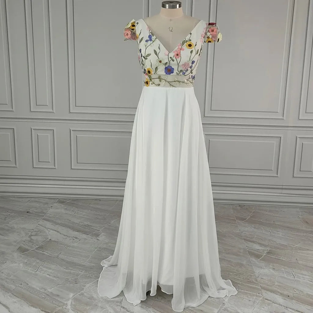 Romantic A-Line Deep V Neck Short Sleeve Tulle Maxi Floral Dress