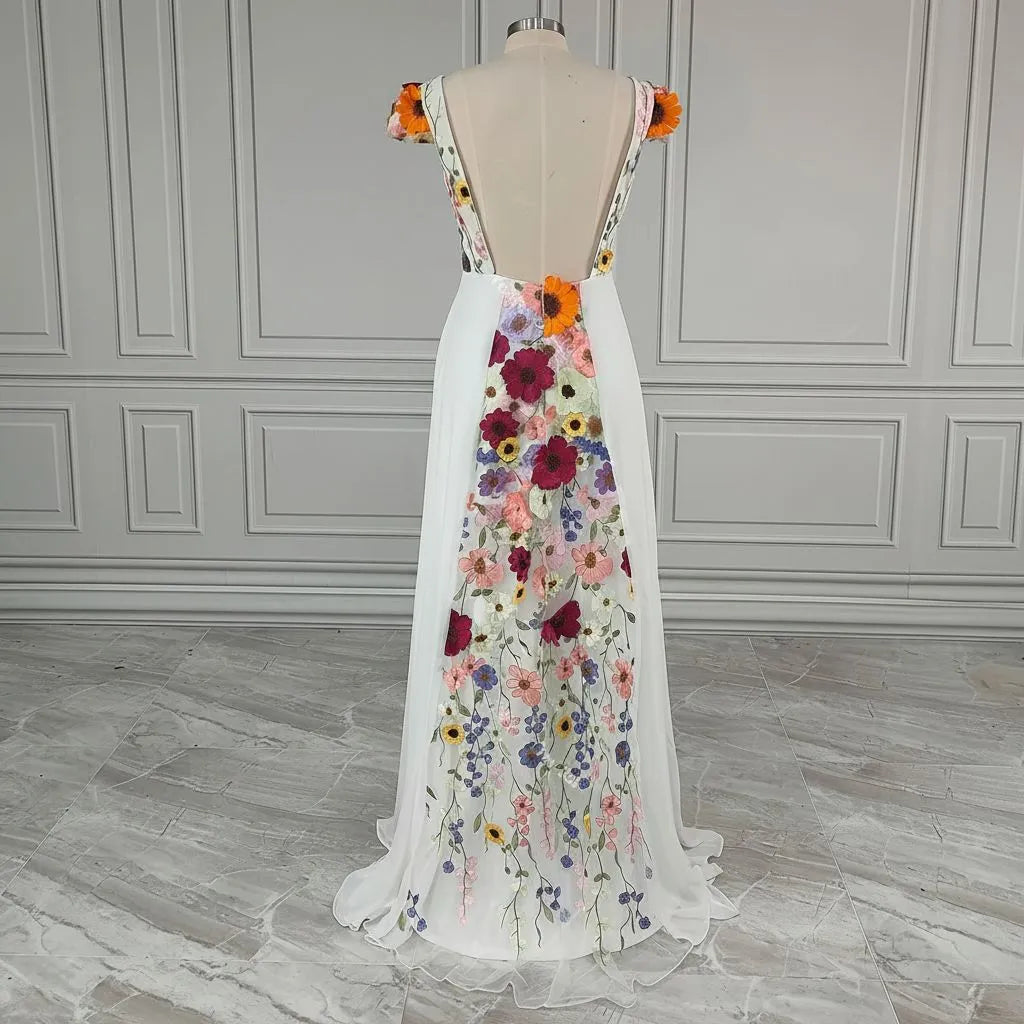 Romantic A-Line Deep V Neck Short Sleeve Tulle Maxi Floral Dress
