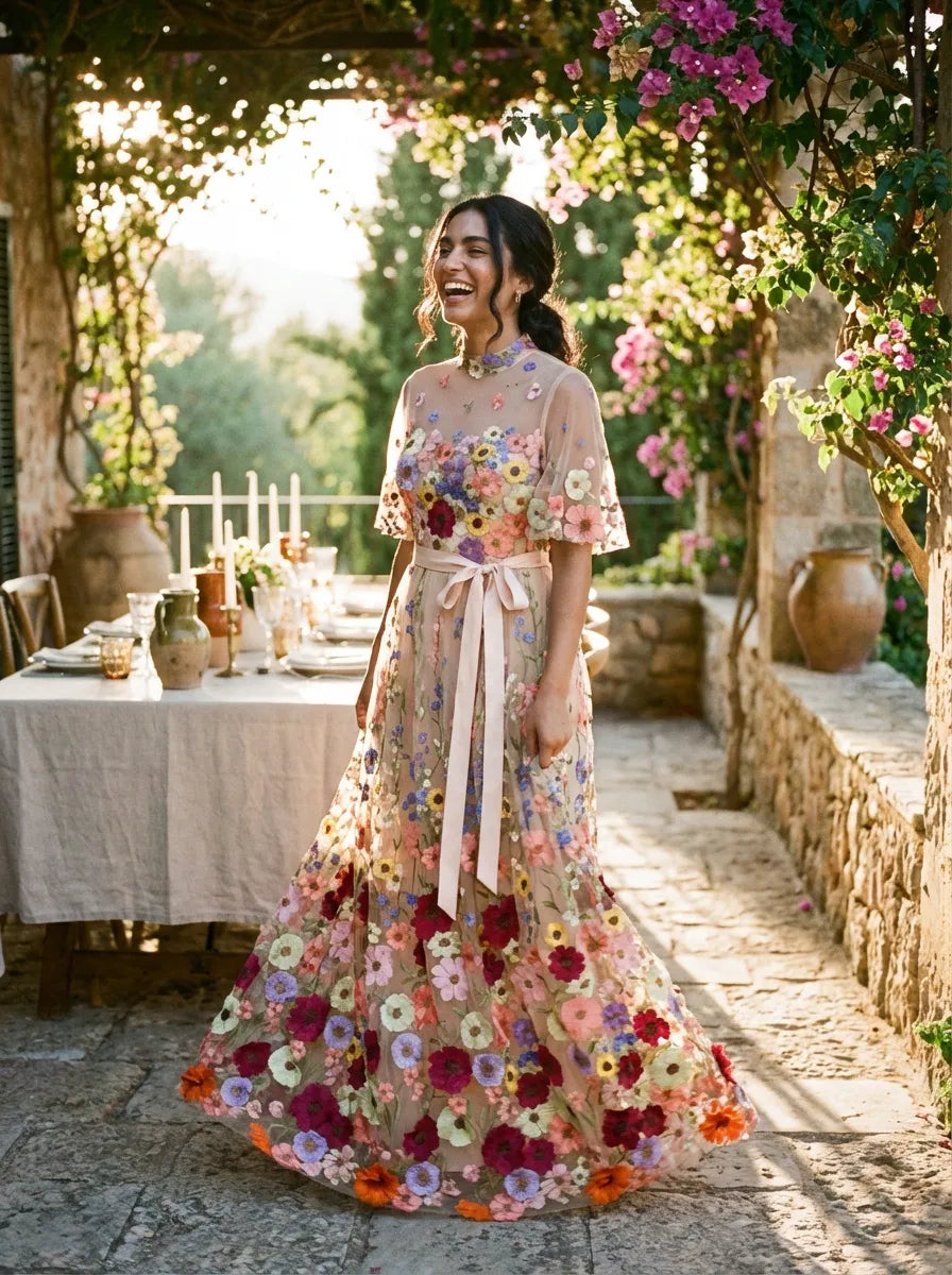 Romantic A-Line High Neck Short Sleeve Tulle Maxi Floral Dress