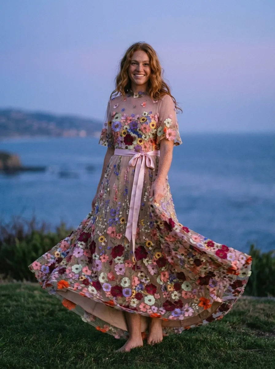 Romantic A-Line High Neck Short Sleeve Tulle Maxi Floral Dress