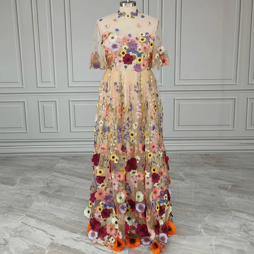 Romantic A-Line High Neck Short Sleeve Tulle Maxi Floral Dress