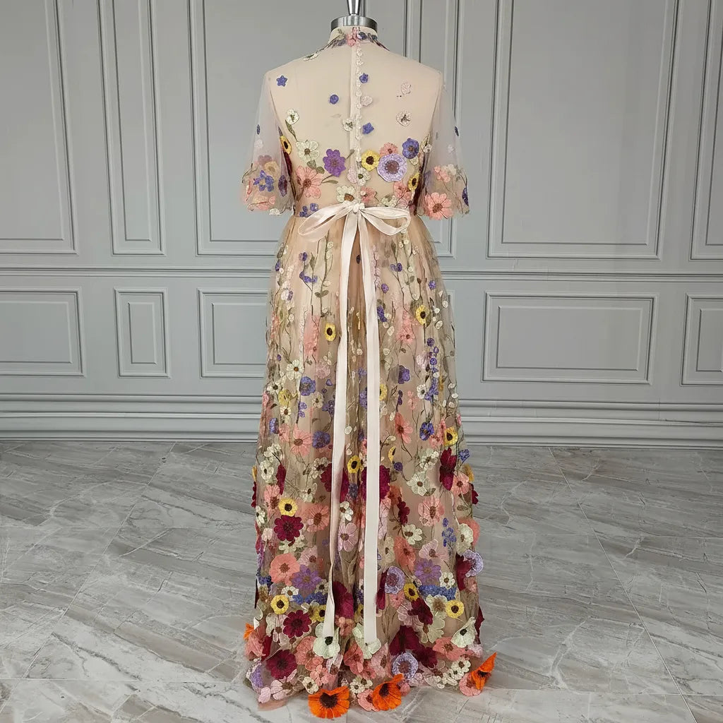 Romantic A-Line High Neck Short Sleeve Tulle Maxi Floral Dress