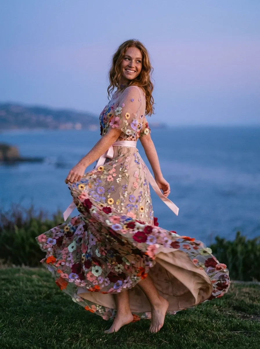 Romantic A-Line High Neck Short Sleeve Tulle Maxi Floral Dress