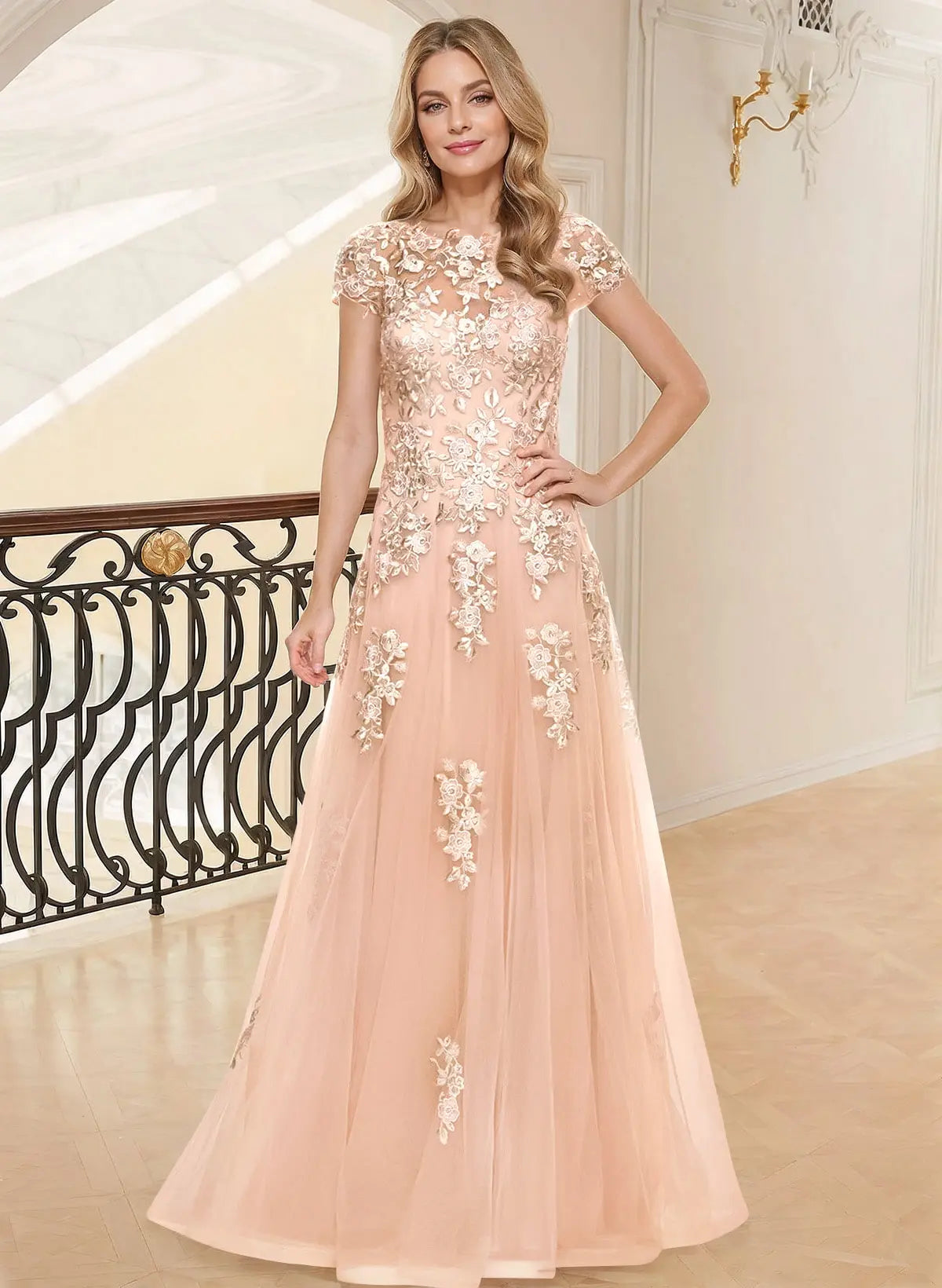Romantic A-Line Illusion Neck Short Sleeve Blush Pink Lace & Tulle Mother of the Bride Dress