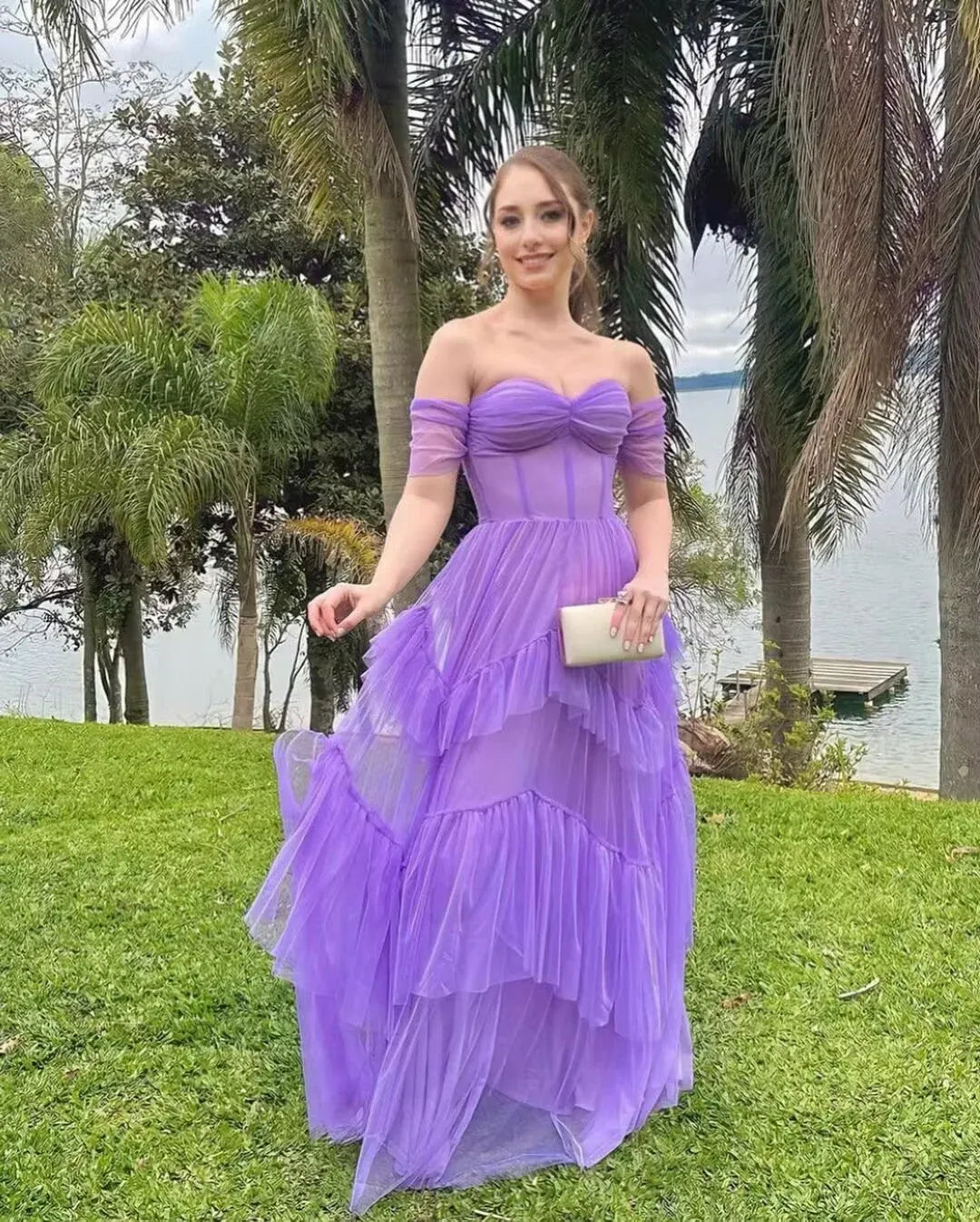 Romantic A-Line Off Shoulder Short Sleeve Tulle Maxi Prom Dress