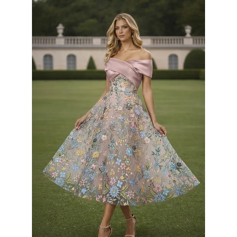 Romantic A-Line Off Shoulder Satin Midi Floral Dress