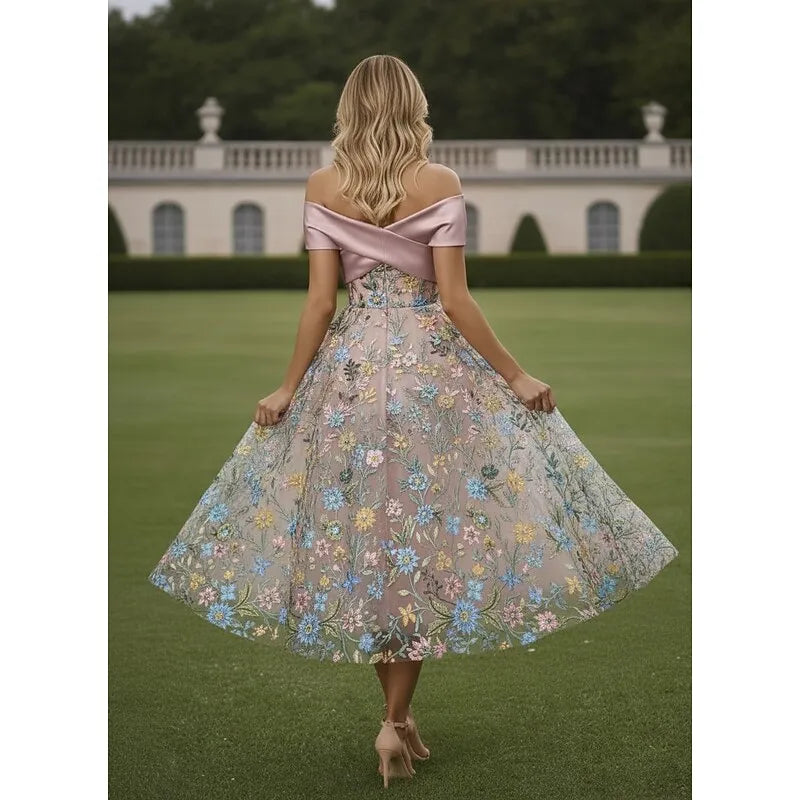 Romantic A-Line Off Shoulder Satin Midi Floral Dress