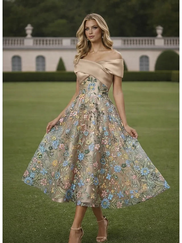 Romantic A-Line Off Shoulder Satin Midi Floral Dress