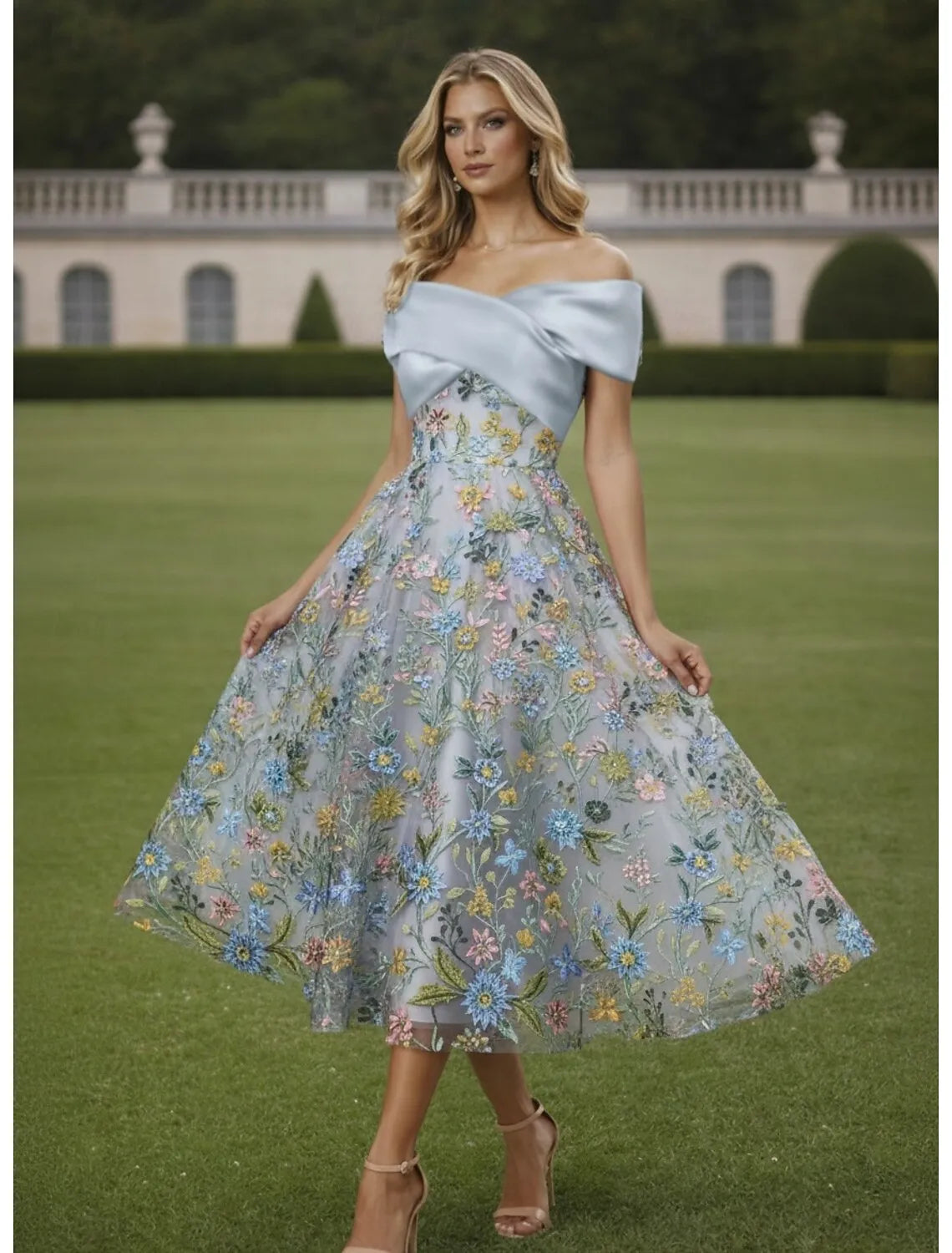 Romantic A-Line Off Shoulder Satin Midi Floral Dress