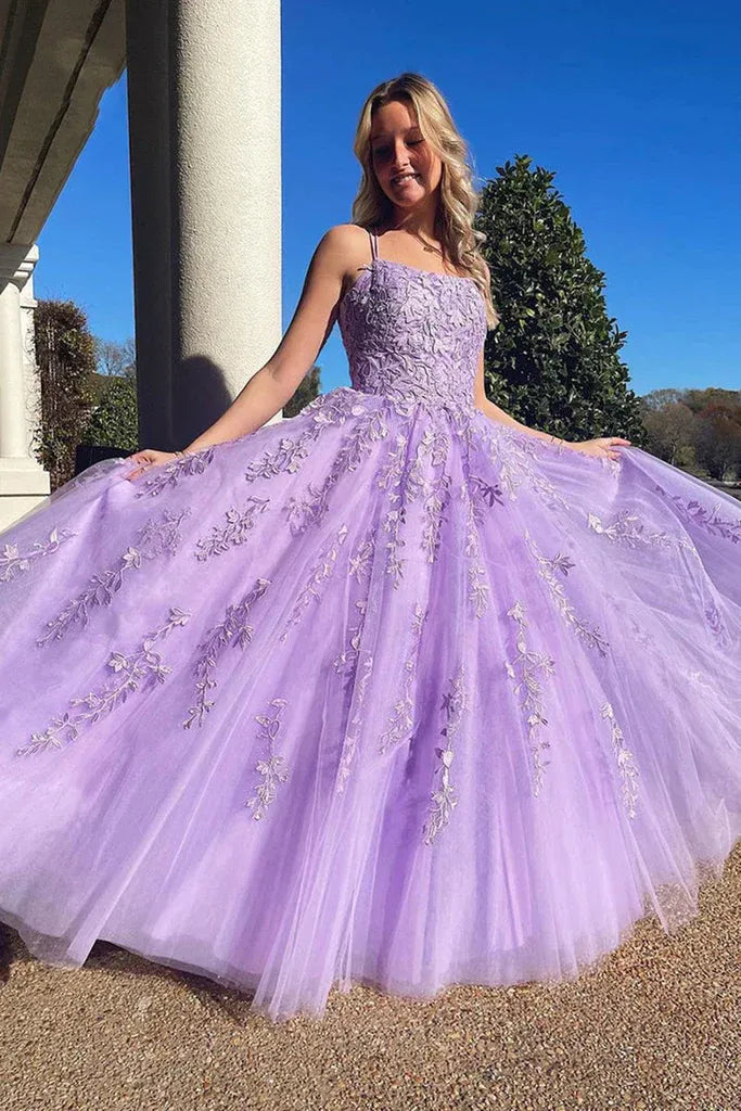 Romantic A-Line Square Neck Sleeveless Tulle Maxi Prom Dress