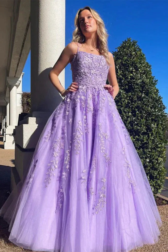 Romantic A-Line Square Neck Sleeveless Tulle Maxi Prom Dress