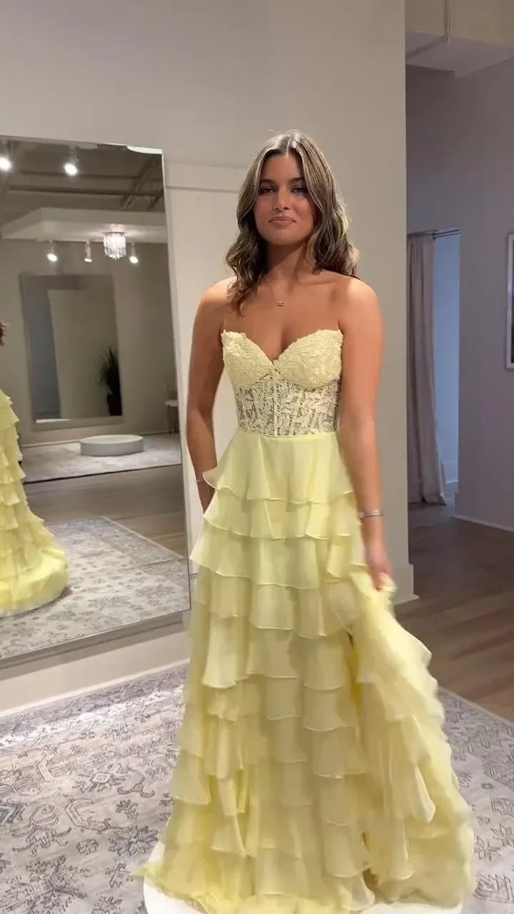 Romantic A-Line Strapless Sweetheart Lace Corset Tiered Ruffle Floor-Length Evening Gown