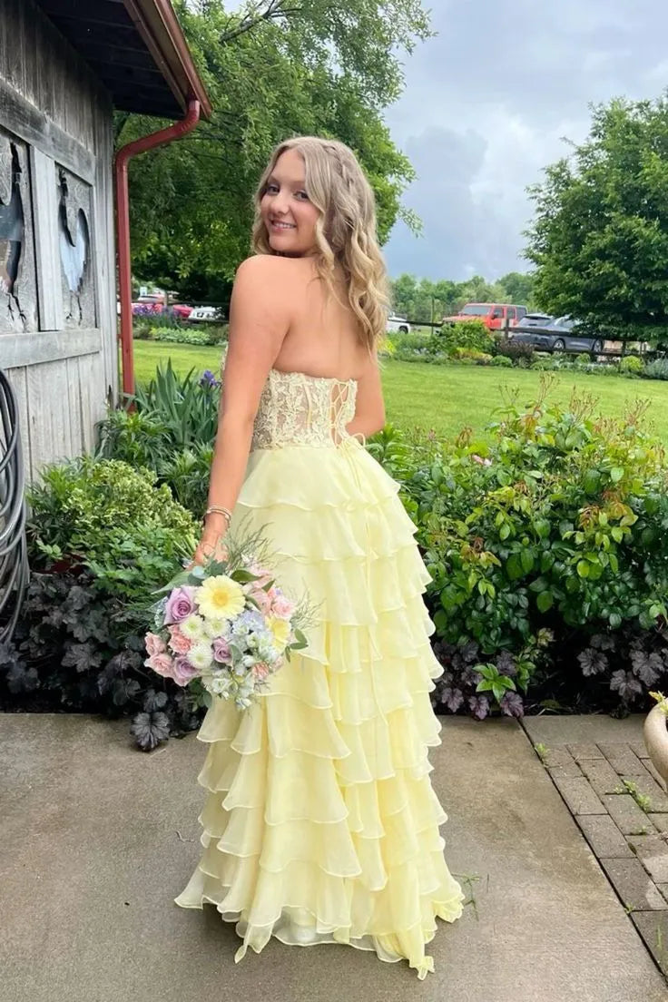 Romantic A-Line Strapless Sweetheart Lace Corset Tiered Ruffle Floor-Length Evening Gown