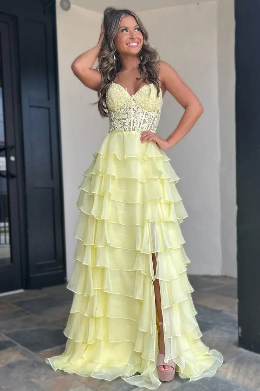Romantic A-Line Strapless Sweetheart Lace Corset Tiered Ruffle Floor-Length Evening Gown