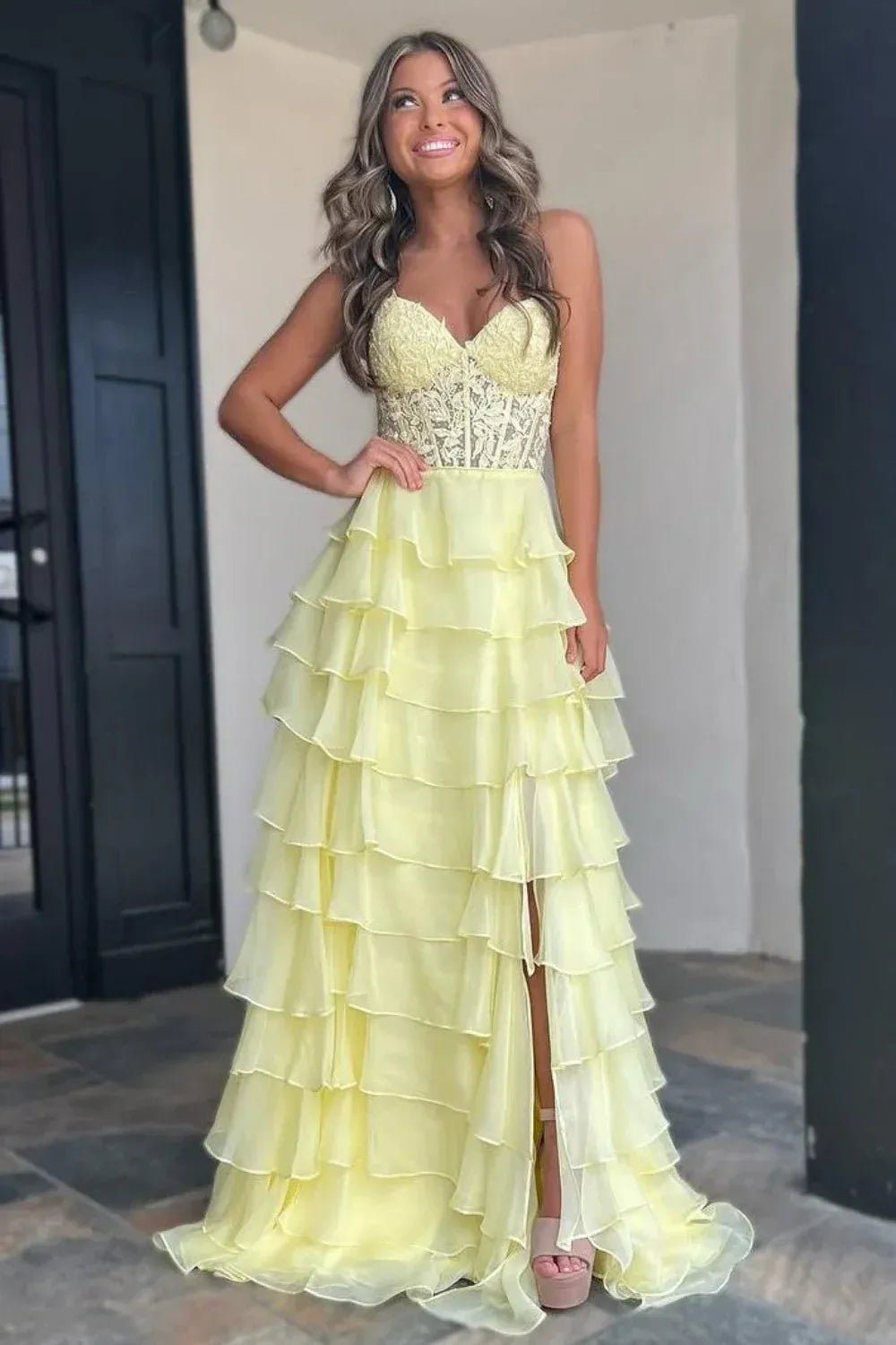Romantic A-Line Strapless Sweetheart Lace Corset Tiered Ruffle Floor-Length Evening Gown