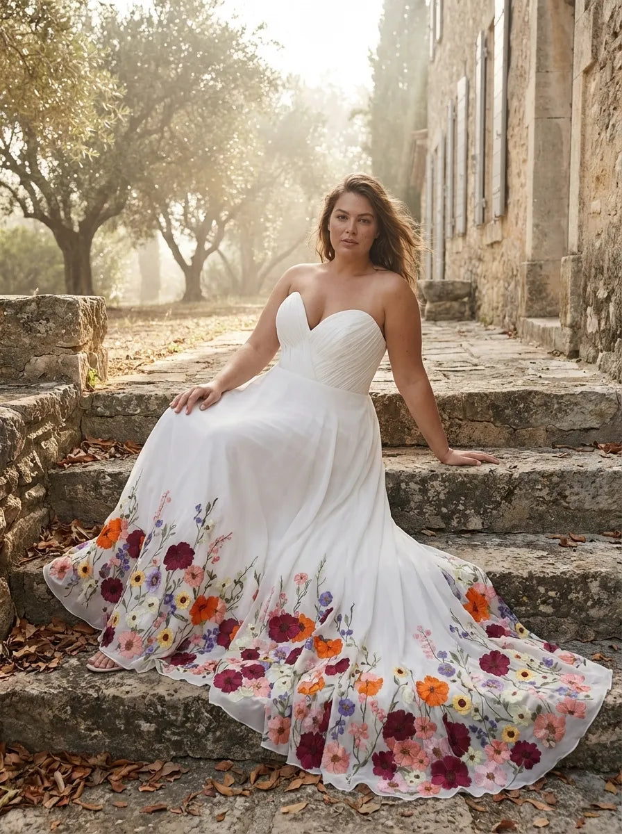 Romantic A-Line Strapless Sweetheart Tulle Maxi Floral Wedding Dress