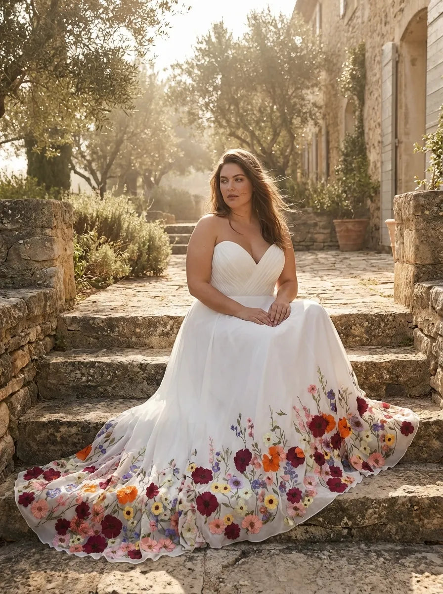 Romantic A-Line Strapless Sweetheart Tulle Maxi Floral Wedding Dress