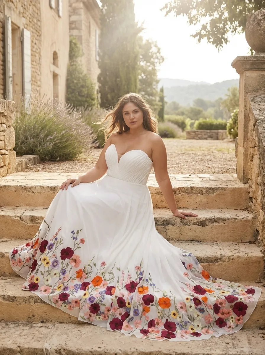 Romantic A-Line Strapless Sweetheart Tulle Maxi Floral Wedding Dress