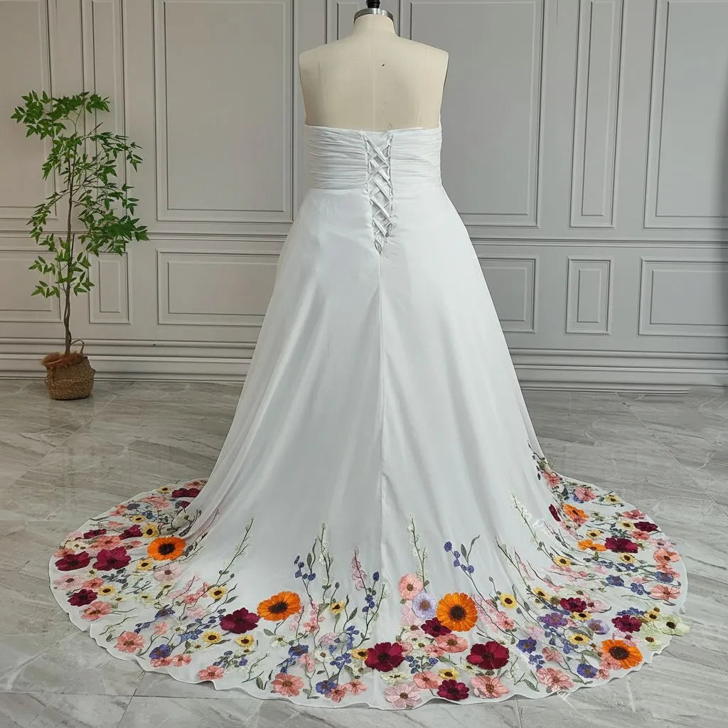 Romantic A-Line Strapless Sweetheart Tulle Maxi Floral Wedding Dress