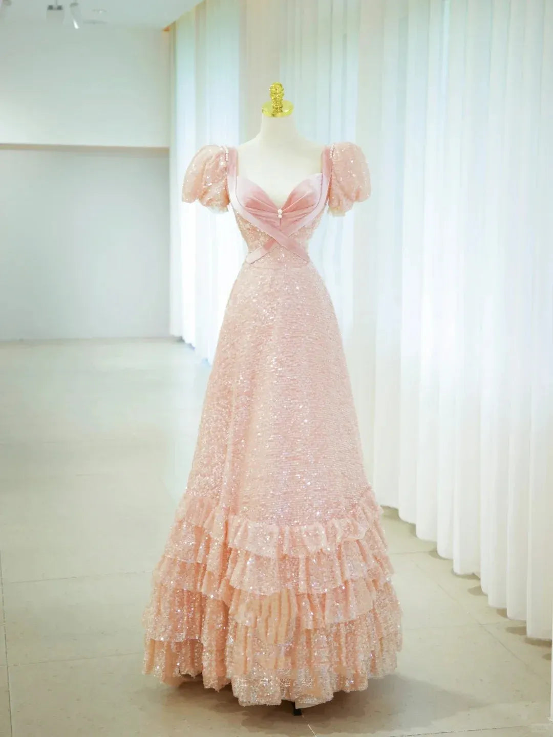 Romantic A-Line Sweetheart Puff Sleeve Sequin Tiered Ruffle Floor Length Evening Dress