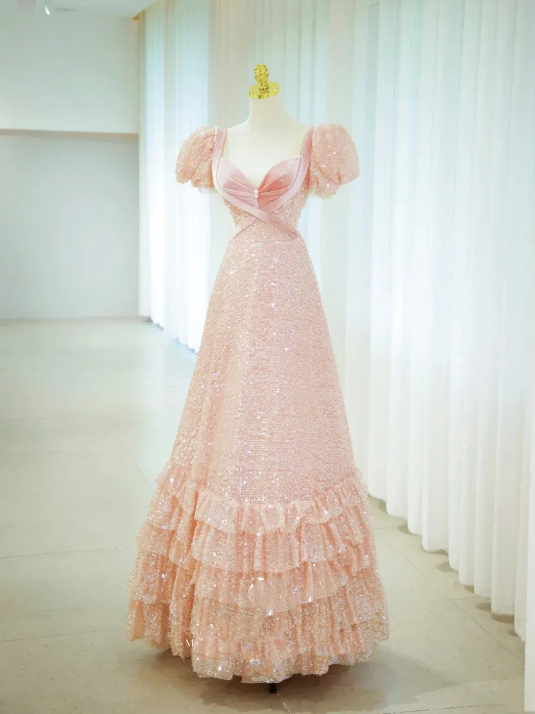 Romantic A-Line Sweetheart Puff Sleeve Sequin Tiered Ruffle Floor Length Evening Dress