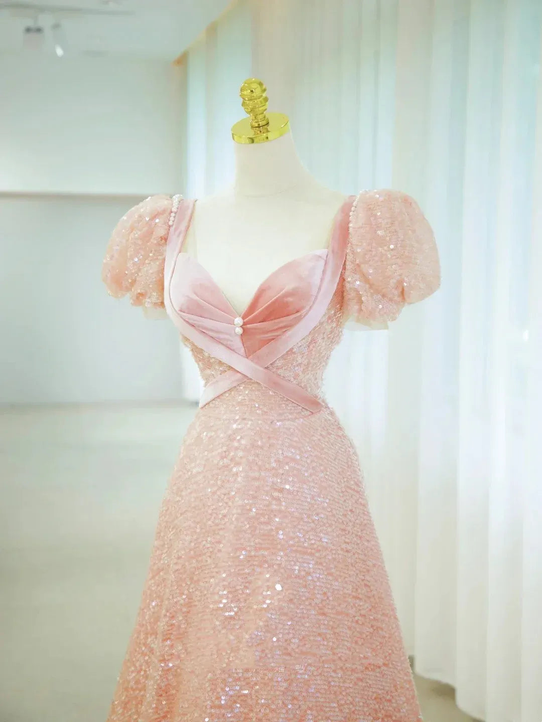 Romantic A-Line Sweetheart Puff Sleeve Sequin Tiered Ruffle Floor Length Evening Dress