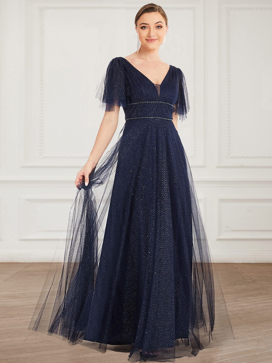 Weitese Romantic V-Neck Tulle Prom Dress with Ruffle Sleeves in Navy Blue.