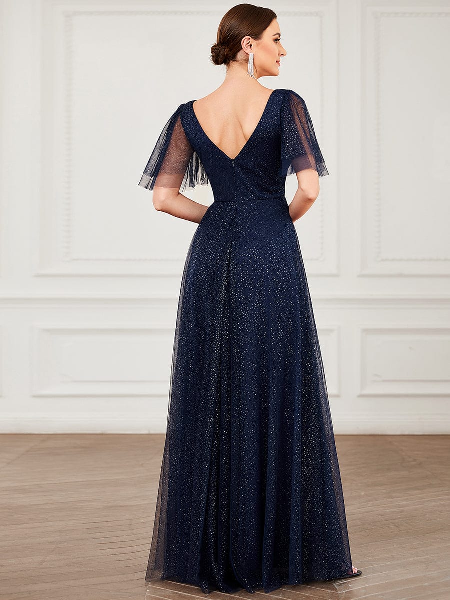 Weitese Romantic V-Neck Tulle Prom Dress with Ruffle Sleeves in Light Blue.