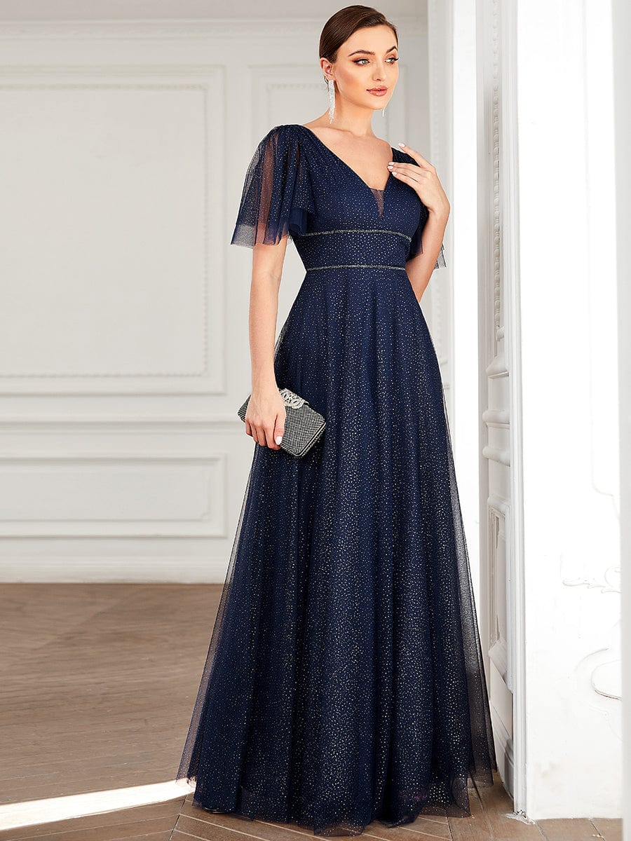 Weitese Romantic V-Neck Tulle Prom Dress with Ruffle Sleeves in Purple.