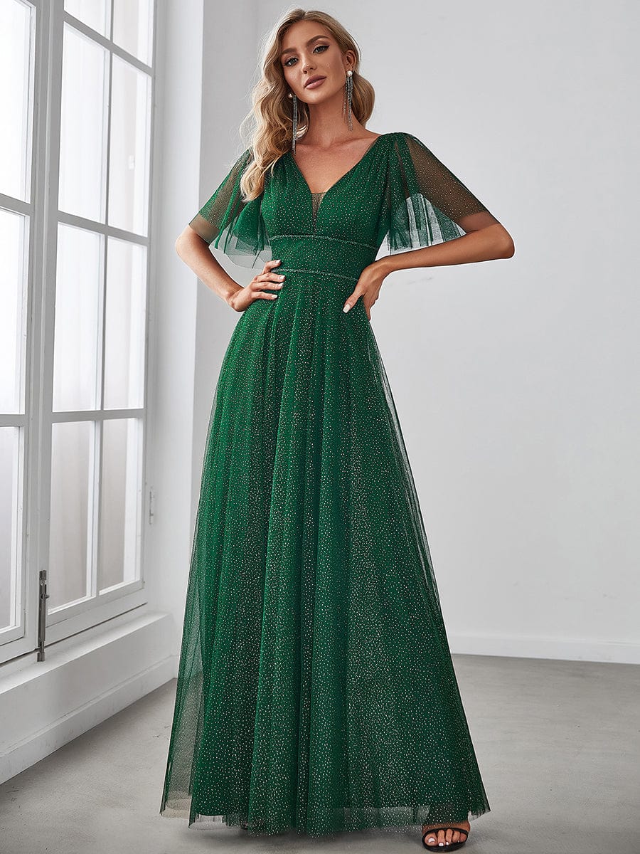 Weitese Romantic V-Neck Tulle Prom Dress with Ruffle Sleeves in Dark Green.