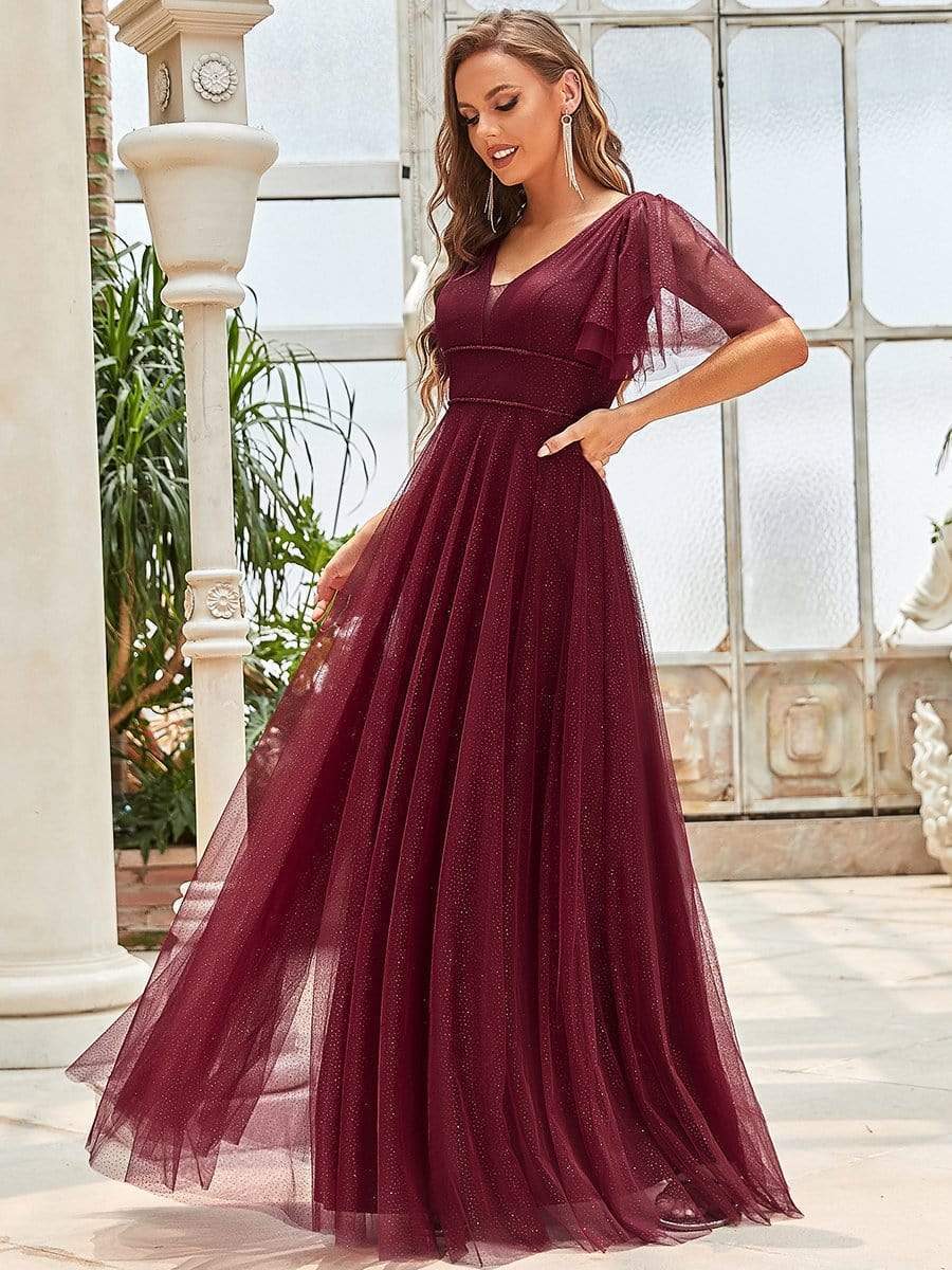Weitese Romantic V-Neck Tulle Prom Dress with Ruffle Sleeves in Burgundy.