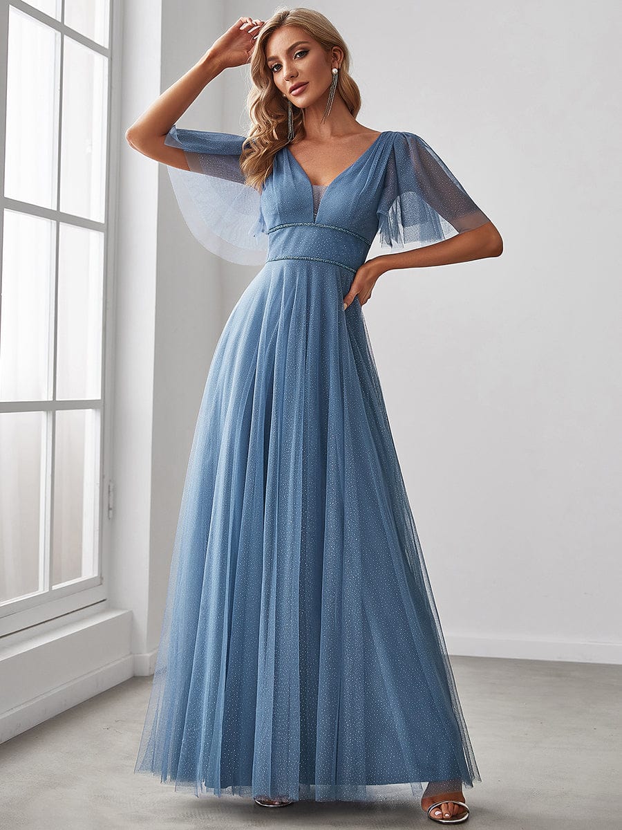 Weitese Romantic V-Neck Tulle Prom Dress with Ruffle Sleeves in Deep Navy.