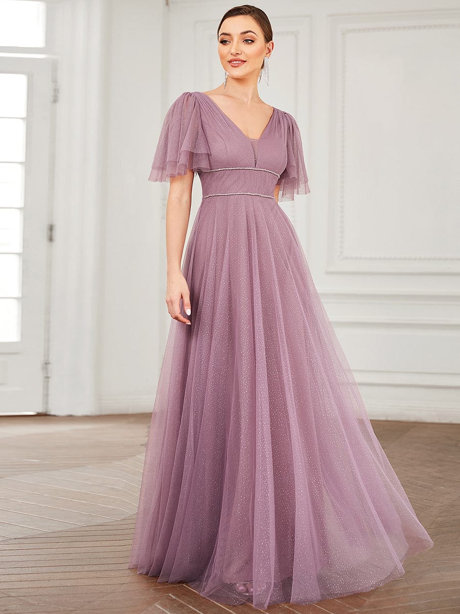 Weitese Romantic V-Neck Tulle Prom Dress with Ruffle Sleeves in Olive Green.